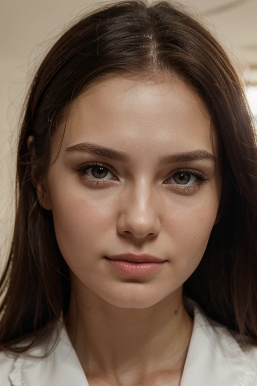 Generate a realistic face of a Russian female, 26 years old. The face should have clear skin, natural makeup, and a friendly expression. The photo should show the entire face from forehead to neck, be in 4K resolution, and use an 85mm focal length for a realistic look. The background should be simple and neutral. The photo should be high resolution and well-lit.