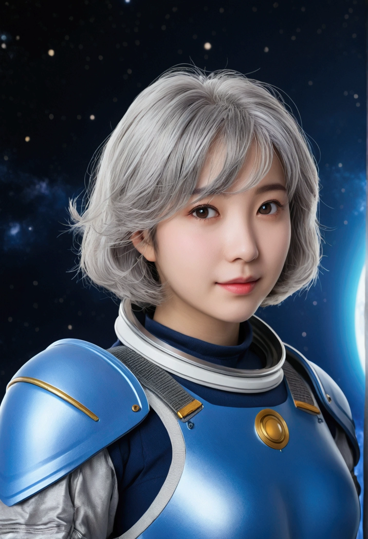 best qualityer, ultra-high resolution, (真实感: 1.4), Depth of field, beautiful face, (pureerosface_v1: 0.8), halfbody, | | 1 girl, Medium chest, (gray hair: 1.3), innocent smirk, Make-up natural, | | | model posing, | | (space suit: 1.3), (blue armor: 1.3), exquisite design, | | space background, stele_(sky), moonlights, natta, | |