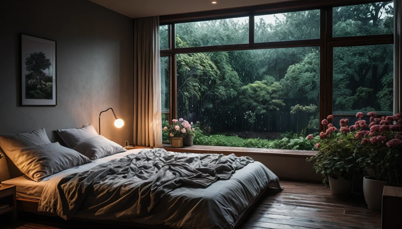 The picture shows a cozy gloomy bedroom, with a large window offering a view of a beautiful, dimly lit garden AND a garden soaked in FLOWERS, the cobblestones of the Japanese house concept. CINEMATIC, JAPANESE HOUSE, the shape of a Japanese house, and lots of flower gardens in the garden. The bed was unmade with rumpled sheets, indicating only a light sleep. the room is dark, gloomy, looks dim, gloomy. Beside the bed there is a small table with a classic lamp that radiates warm light into the room. Outside the window you can see the lush greenery of the terrace or balcony area, the rain is falling, the lamp on the left provides warm lighting, creating a calm and peaceful atmosphere. with fog obscuring part of the view in the distance. The contrast between the warmth indoors and the rain outdoors creates an inviting and calming atmosphere