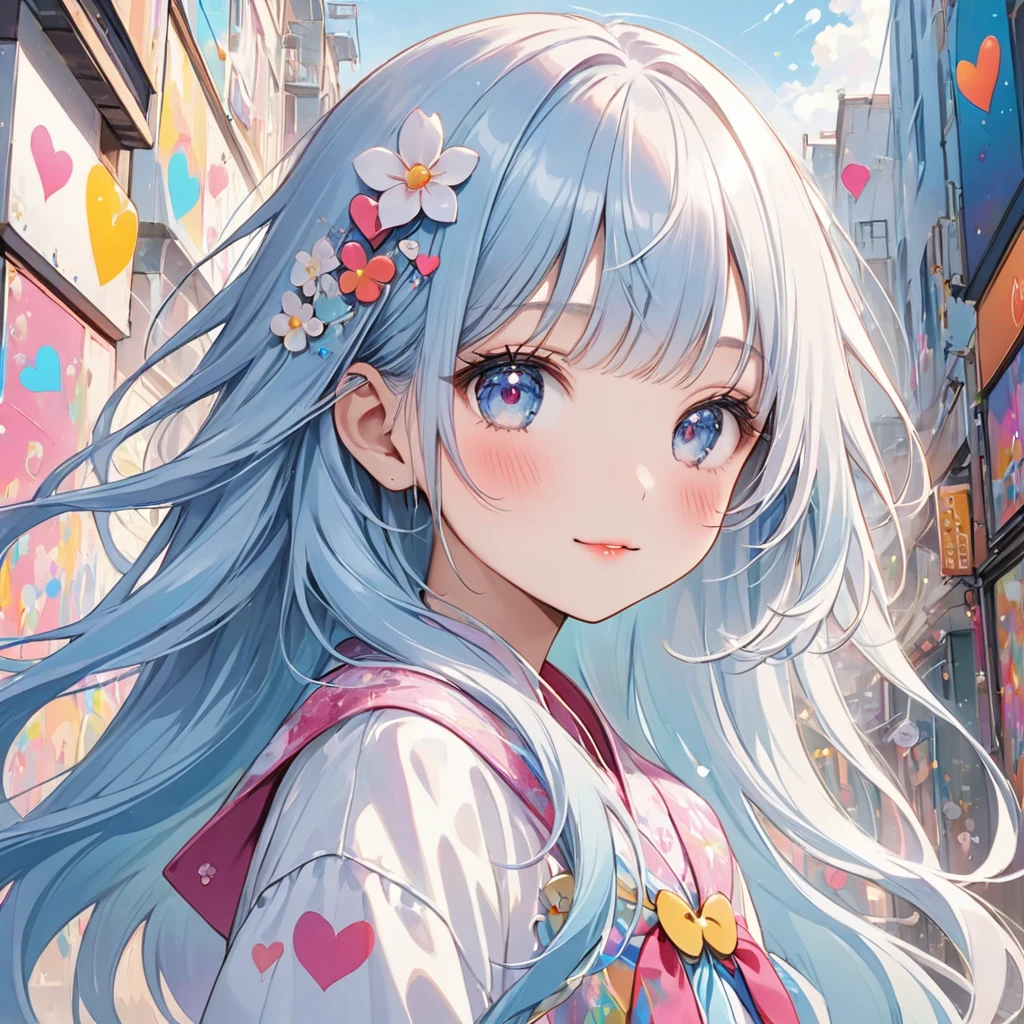 masterpiece, best quality, extremely detailed, (illustration, official art:1.1), 1 girl ,(((( light blue long hair)))), ,(((( light blue long hair)))),light blue hair , , long hair ((blush)) , cute face, big eyes, masterpiece, best quality,(((((a very delicate and beautiful girl))))),Amazing,beautiful detailed eyes,blunt bangs(((( little delicate girl)))),tareme(true beautiful:1.2), sense of depth,dynamic angle,,,, affectionate smile, (true beautiful:1.2),,(tiny 1girl model:1.2),)(flat chest) ,Takashi Murakami Pink and White style, Simple Line Initialism,Abstract art,Urban Background, (((The most beautiful girl of all time))), Sweet face. Lips in love, colorful hearts, stylish design