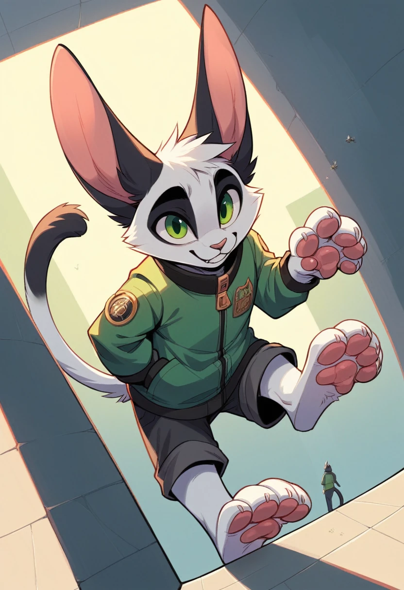 anthro, cat, white fur, green eyes, green jacket, big ears, black tail tip, furry, looking down, Viewers look at, Viewer looks up, smiling, above standing, Macro, Fußfocus, alone, good lighting, Focus on feet, raised foot, Focus on the bottom of the foot, fluffy, furry paws, Paw pads, schwarze Paw pads, stomp something, adult