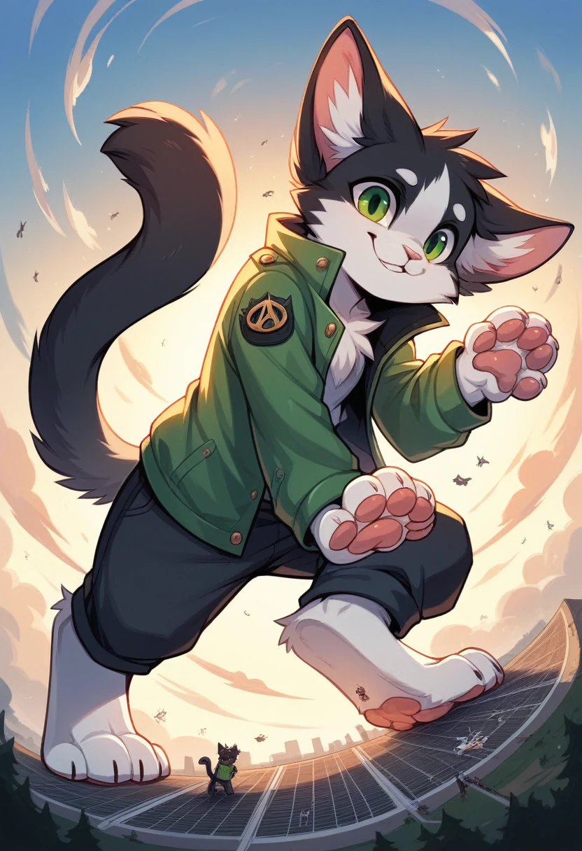 anthro, cat, white fur, green eyes, green jacket, big ears, black tail tip, furry, looking down, Viewers look at, Viewer looks up, smiling, above standing, Macro, Fußfocus, alone, good lighting, Focus on feet, raised foot, Focus on the bottom of the foot, fluffy, furry paws, Paw pads, schwarze Paw pads, stomp something, adult