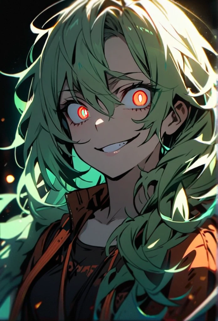 Handsome, solo, 1 girl, light green hair, cyan blue eyes, 1 girl, beautiful, long hair, detailed, Messy Hair, Hair Over Shoulder, Glowing Light, Bright Pupils, Smirk, Wide-Eyed, Evil Smile, Amber Eyes, 