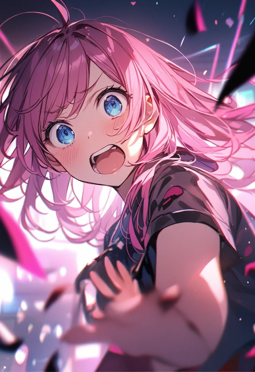 A scene from a movie、1People Girl、shout out loud、Twisted face、Girl with pink hair、blue eyes