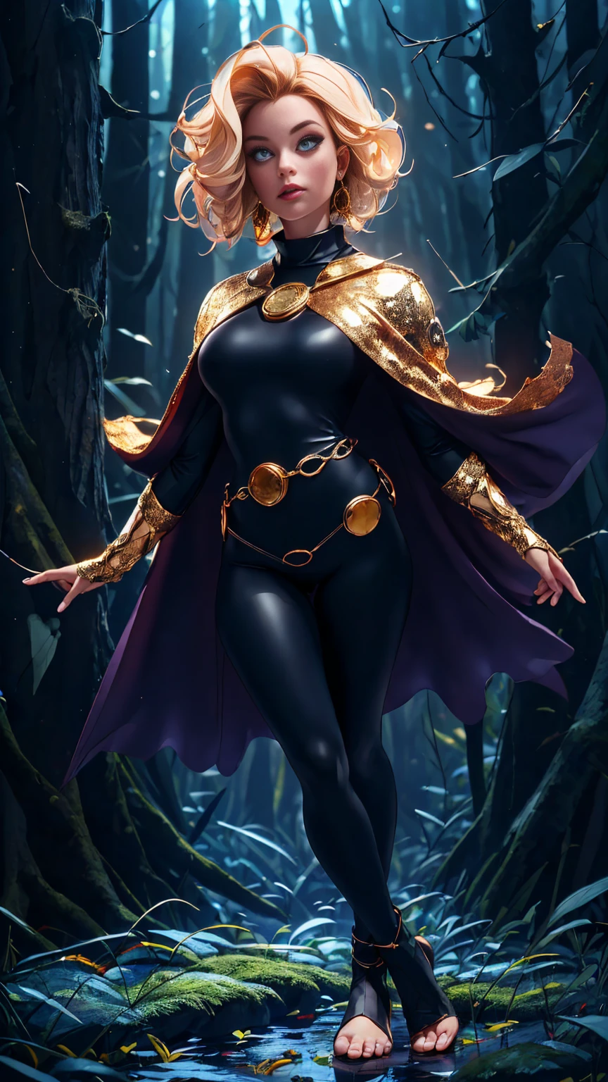 ((Full body photo, standing, feet on the floor)) 1girl, cowboy shot of rvn, hotraven, pale skin, black leotard, turtleneck, tights, cape, glowing eyes, gold belt, jewels, medallion, athletic, looking at viewer, night, dark forest, mist, fog, volumetric lighting, best quality, masterpiece, intricate details, tonemapping, sharp focus, hyper detailed, realistic