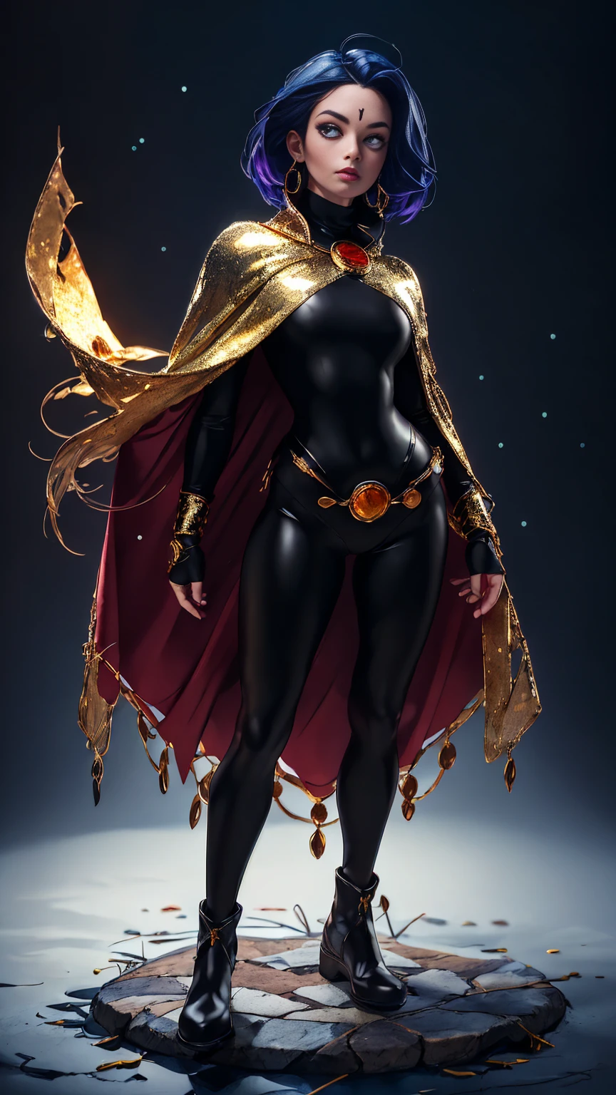 ((Full body photo, standing, feet on the floor)) 1girl, cowboy shot of rvn, hotraven, pale skin, black leotard, turtleneck, tights, cape, glowing eyes, gold belt, jewels, medallion, athletic, looking at viewer, night, dark forest, mist, fog, volumetric lighting, best quality, masterpiece, intricate details, tonemapping, sharp focus, hyper detailed, realistic