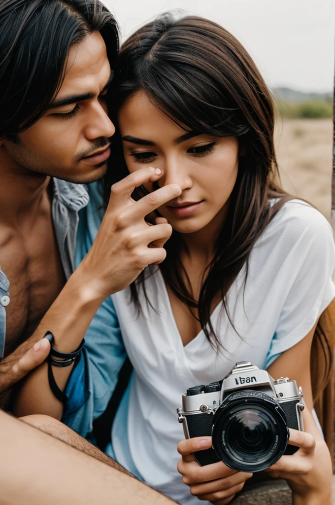 Create an image where a man and a woman are and they find a secret camera 