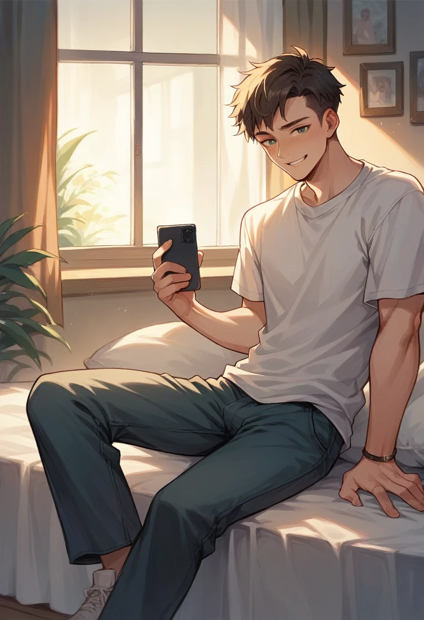 A boy talking to his girlfriend on a phone call in his room sitting on his bed and the whether is looking good he is smiling