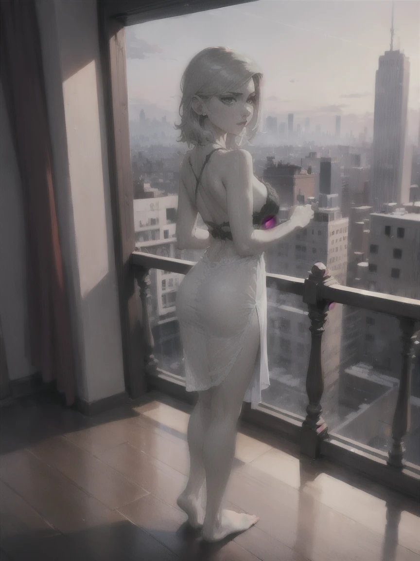 Gwen Tennyson stands on an elegant balcony of a towering skyscraper, with a panoramic view of the illuminated city on the horizon. The scene is captured at dusk, when the sky turns purple and orange tones, and the city lights twinkle like distant stars.

She is wearing only a transparent silk nightgown, that gently fits your figure, marking your curves in a subtle but provocative way. The nightdress is a delicate silver tone with a slight shine that reflects the light of the city. The fabric flows elegantly and falls in a loose drape around your legs, accentuating the shape of his body as the gentle wind makes him flutter slightly.

The nightgown has a plunging neckline that reveals part of her skin, and the straps are thin and adjustable. The translucent fabric shows the silhouette of your figure without being too revealing, maintaining an air of sophistication and mystery. The edge of the nightdress is adorned with a subtle black lace that adds a touch of elegance and sensuality.

Gwen stands barefoot on the marble balcony floor., with feet slightly apart, which accentuates the confident and secure posture he adopts. The night breeze plays with the nightgown, giving it a soft movement that enhances the sensuality of the moment.

Her red hair falls in loose waves over her shoulders and back., capturing the light of cities and highlighting their natural glow. Her makeup is subtle but effective., with a touch of gloss on her lips and a light shadow that highlights her green eyes.

The balcony railing is made of transparent glass, providing a clear view of the vast urban expanse. around, city lights create a dazzling background, while the softness of Gwen&#39;s nightgown and her elegant posture contrast with the modern architecture of the building.

Gwen looks down with a confident and serene expression., His gaze showing both confidence and a slight touch of defiance..