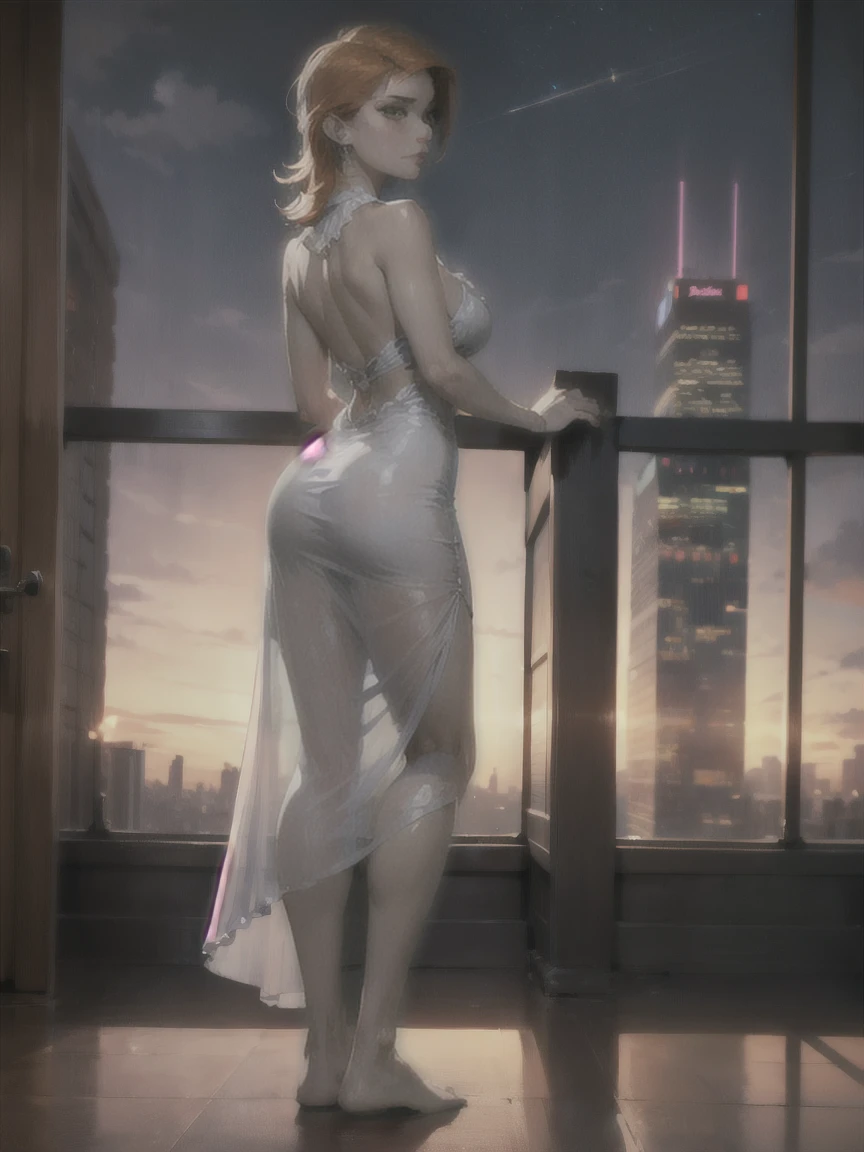 Gwen Tennyson stands on an elegant balcony of a towering skyscraper, with a panoramic view of the illuminated city on the horizon. The scene is captured at dusk, when the sky turns purple and orange tones, and the city lights twinkle like distant stars.

She is wearing only a transparent silk nightgown, that gently fits your figure, marking your curves in a subtle but provocative way. The nightdress is a delicate silver tone with a slight shine that reflects the light of the city. The fabric flows elegantly and falls in a loose drape around your legs, accentuating the shape of his body as the gentle wind makes him flutter slightly.

The nightgown has a plunging neckline that reveals part of her skin, and the straps are thin and adjustable. The translucent fabric shows the silhouette of your figure without being too revealing, maintaining an air of sophistication and mystery. The edge of the nightdress is adorned with a subtle black lace that adds a touch of elegance and sensuality.

Gwen stands barefoot on the marble balcony floor., with feet slightly apart, which accentuates the confident and secure posture he adopts. The night breeze plays with the nightgown, giving it a soft movement that enhances the sensuality of the moment.

Her red hair falls in loose waves over her shoulders and back., capturing the light of cities and highlighting their natural glow. Her makeup is subtle but effective., with a touch of gloss on her lips and a light shadow that highlights her green eyes.

The balcony railing is made of transparent glass, providing a clear view of the vast urban expanse. around, city lights create a dazzling background, while the softness of Gwen&#39;s nightgown and her elegant posture contrast with the modern architecture of the building.

Gwen looks down with a confident and serene expression., His gaze showing both confidence and a slight touch of defiance..