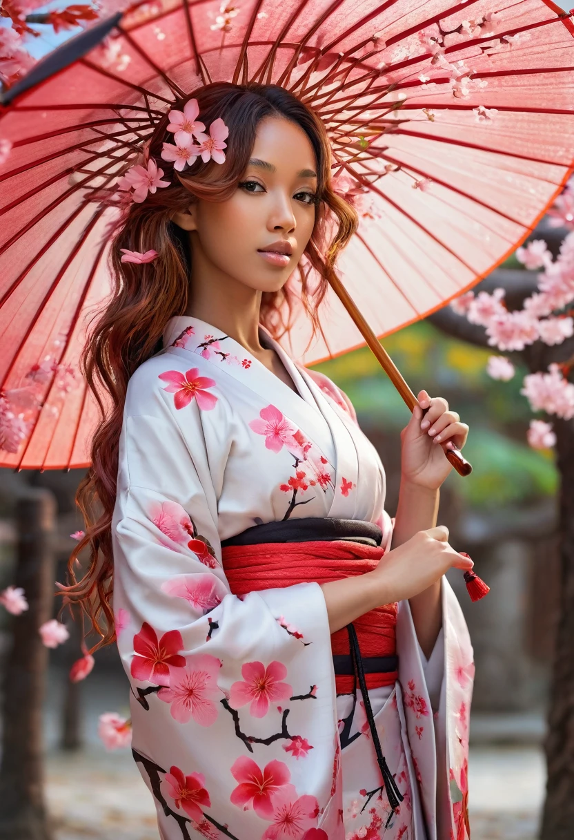 Mixed girl, sexy kimono, Sakura petals that fall from a sakura tree , Asian umbrella, A beautiful caribean mixed girl, west indies girl, perfect hands and feet, long red wavy hair, Sakura petals, Amawed, best quality,8k,highres,masterpiece:1.2),ultra-detailed,(realistic,photorealistic:1.37),portrait,vivid colors,