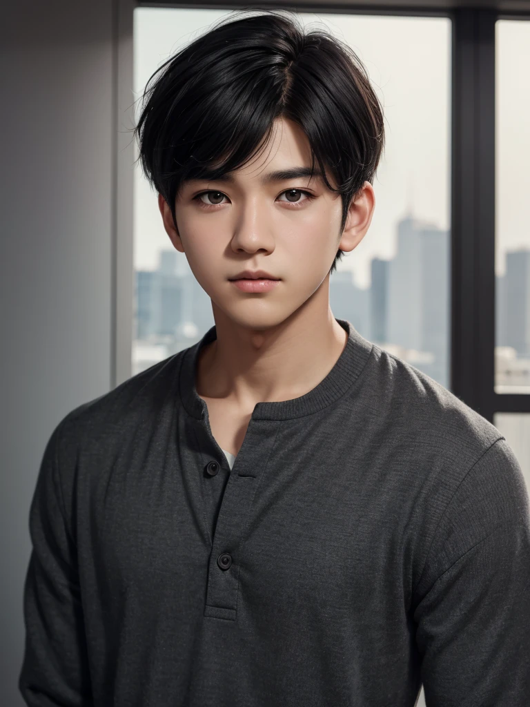 1boy, black hair, short hair, grey eyes, detailed eyes,solo focus, simple background, male focus, solo, standing, sung jinwoo, portrait,, (masterpiece:1.0), (best quality:1.0), (8k wallpaper:1.0), (beautiful detailed face:1.0), (detailed deep eyes), deep eyes,looking at viewer,
