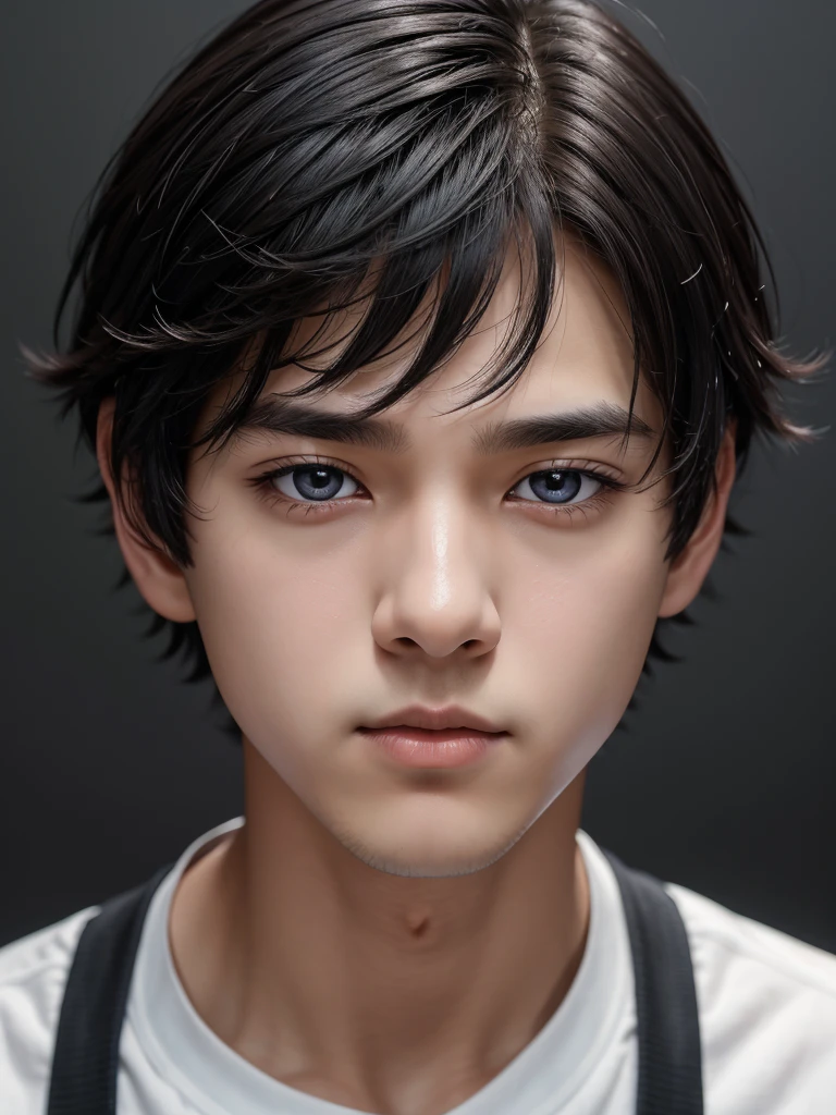 1boy, black hair, short hair, grey eyes, detailed eyes,solo focus, simple background, male focus, solo, standing, sung jinwoo, portrait,, (masterpiece:1.0), (best quality:1.0), (8k wallpaper:1.0), (beautiful detailed face:1.0), (detailed deep eyes),  deep eyes,looking at viewer,