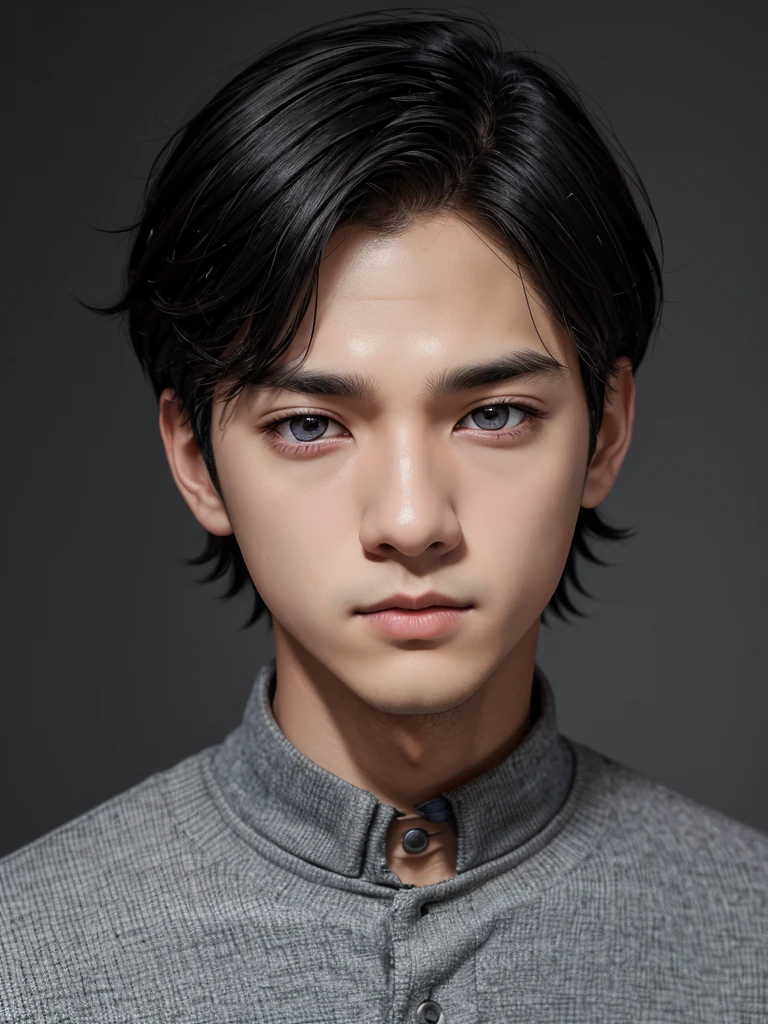 1boy, black hair, short hair, grey eyes, detailed eyes,solo focus, simple background, male focus, solo, standing, sung jinwoo, portrait,, (masterpiece:1.0), (best quality:1.0), (8k wallpaper:1.0), (beautiful detailed face:1.0), (detailed deep eyes), deep eyes,looking at viewer,