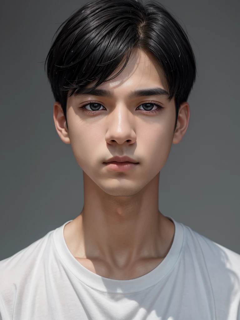 1boy, black hair, short hair, grey eyes, detailed eyes,solo focus, simple background, male focus, solo, standing, sung jinwoo, portrait,, (masterpiece:1.0), (best quality:1.0), (8k wallpaper:1.0), (beautiful detailed face:1.0), (detailed deep eyes), deep eyes,looking at viewer,