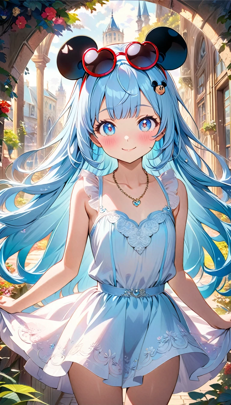 masterpiece, best quality, extremely detailed, (illustration, official art:1.1), 1 girl ,(((( light blue long hair)))), ,(((( light blue long hair)))),light blue hair , , long hair ((blush)) , cute face, big eyes, masterpiece, best quality,(((((a very delicate and beautiful girl))))),Amazing,beautiful detailed eyes,blunt bangs(((( little delicate girl)))),tareme(true beautiful:1.2), sense of depth,dynamic angle,,,, affectionate smile, (true beautiful:1.2),,(tiny 1girl model:1.2),)(flat chest) ,Anime girl wearing Mickey Mouse sunglasses and a necklace, Anime-style illustrations, Decora style illustrations, Anime atmosphere, Beautiful anime art style, Digital art on pixiv, Anime Graphic Illustration, Colorful illustration, Cute art styleColorful illustration,