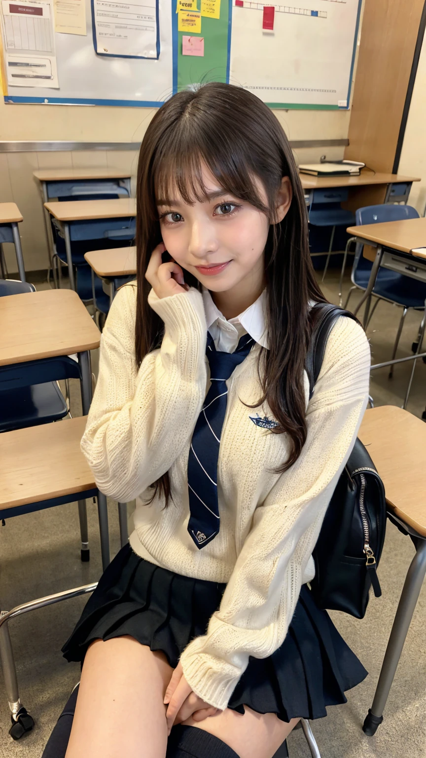((masterpiece, Highest quality)),Best aesthetics,One Girl, , mechanical, Sitting, school mechanical, Black hair straight, classroom, Long Hair, indoor, Chair, View your audience, :p, Focus Only, Brown eyes, mini skirt, Long sleeve, pencil, 1 boy, pencil case, paper, Black Seraphim, Multiple Girls, Pleated skirt, Sailor collar, bangs, Headrest, school bag, school Chair,smile,,Knee-high socks