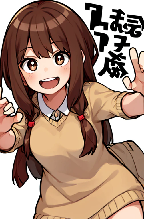 Horikoshi Kouhei, 1 girl, brown hair, brown eyes, cute eyes,long hair, happy.