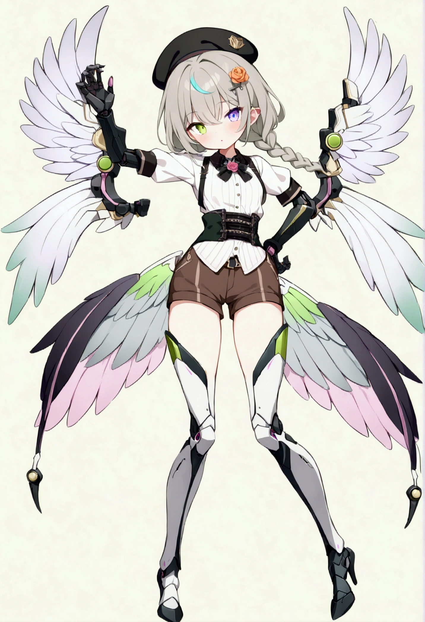 woman 165cm tall, (whole body: 1.5), slim build, , charming look, ((heterocromia: ojo right naranja y ojo izquierdo violeta)), (Shoulder Length Wavy Gray Hair, medium braid on the left side of the hair: 1.2, big open bangs, largo flequillo en el lado izquierdo y right del cabello sobre las mejillas , golden gear hairpin on the left side of the hair: 1.1), (((complex mechanical legs up to the hip, The legs are black with gray parts and small pink details))), (((complex mechanical arms up to the elbows, The arms are black with gray parts and small pink details))), ((complex white mechanical angel wings with pastel green parts)), (elegant black French beret, orange rose ribbon on the beret: 1.2), (stylish white short sleeve button down shirt, dark brown shorts with straps from the waist, elegant black belt, small rose brooch on shirt collar, beautiful mechanical stilettos), (((full body character design sheet: vista 3/4))), ((Pastel yellow background)), extremely detailed hair, beautiful detailed clothing, extremely detailed arms, extremely detailed face, (Extremely detailed hands), perfect hands, beautiful detailed eyes, beautiful detailed lips, adorable, extremely detailed legs, (Best Quality, 8k, ultra resolution), ultra detailed, Exquisite and epic character art, (Focus on symmetry), (extremely detailed wings), (body position: standing, right, symmetrical), looking at the viewer, small face.