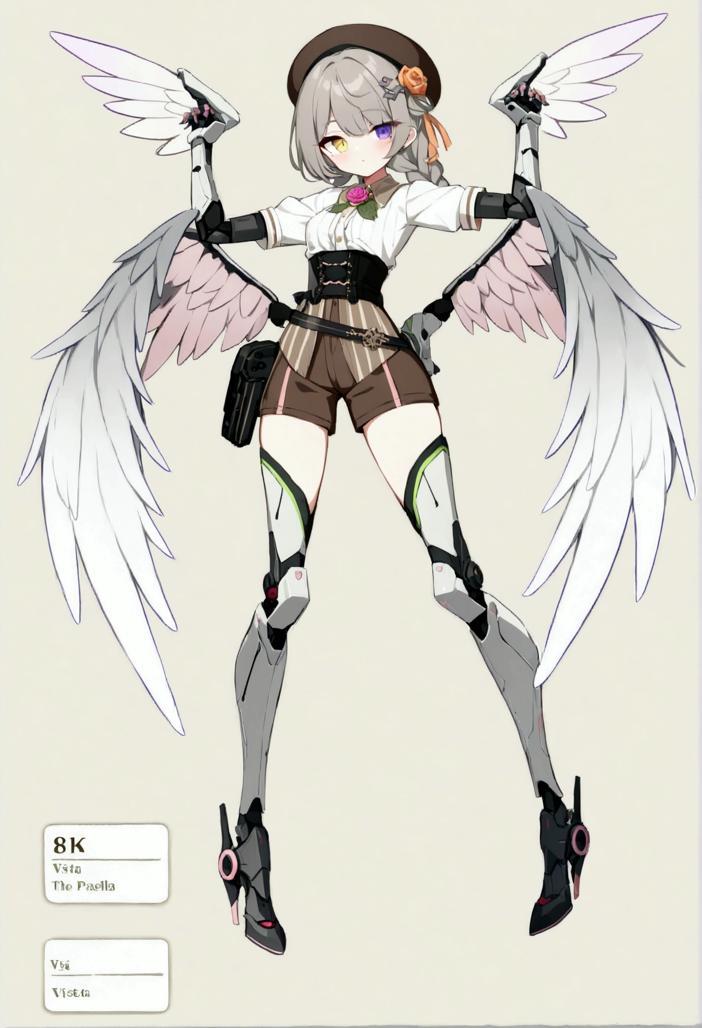 woman 165cm tall, (whole body: 1.5), slim build, , charming look, ((heterocromia: ojo right naranja y ojo izquierdo violeta)), (Shoulder Length Wavy Gray Hair, medium braid on the left side of the hair: 1.2, big open bangs, largo flequillo en el lado izquierdo y right del cabello sobre las mejillas , golden gear hairpin on the left side of the hair: 1.1), (((complex mechanical legs up to the hip, The legs are black with gray parts and small pink details))), (((complex mechanical arms up to the elbows, The arms are black with gray parts and small pink details))), ((complex white mechanical angel wings with pastel green parts)), (elegant black French beret, orange rose ribbon on the beret: 1.2), (stylish white short sleeve button down shirt, dark brown shorts with straps from the waist, elegant black belt, small rose brooch on shirt collar, beautiful mechanical stilettos), (((full body character design sheet: vista 3/4))), ((Pastel yellow background)), extremely detailed hair, beautiful detailed clothing, extremely detailed arms, extremely detailed face, (Extremely detailed hands), perfect hands, beautiful detailed eyes, beautiful detailed lips, adorable, extremely detailed legs, (Best Quality, 8k, ultra resolution), ultra detailed, Exquisite and epic character art, (Focus on symmetry), (extremely detailed wings), (body position: standing, right, symmetrical), looking at the viewer, small face.