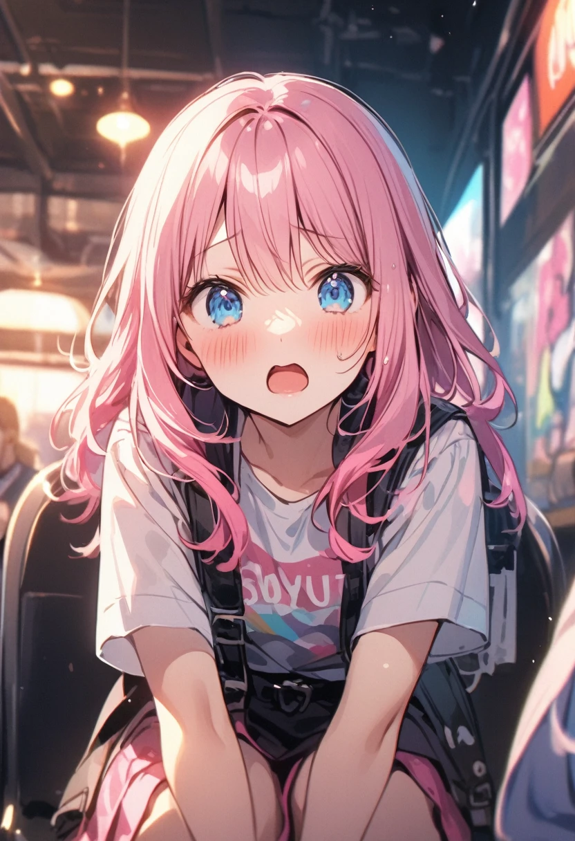 A scene from a movie、1People Girl、shout out loud、Twisted face、Girl with pink hair、blue eyes