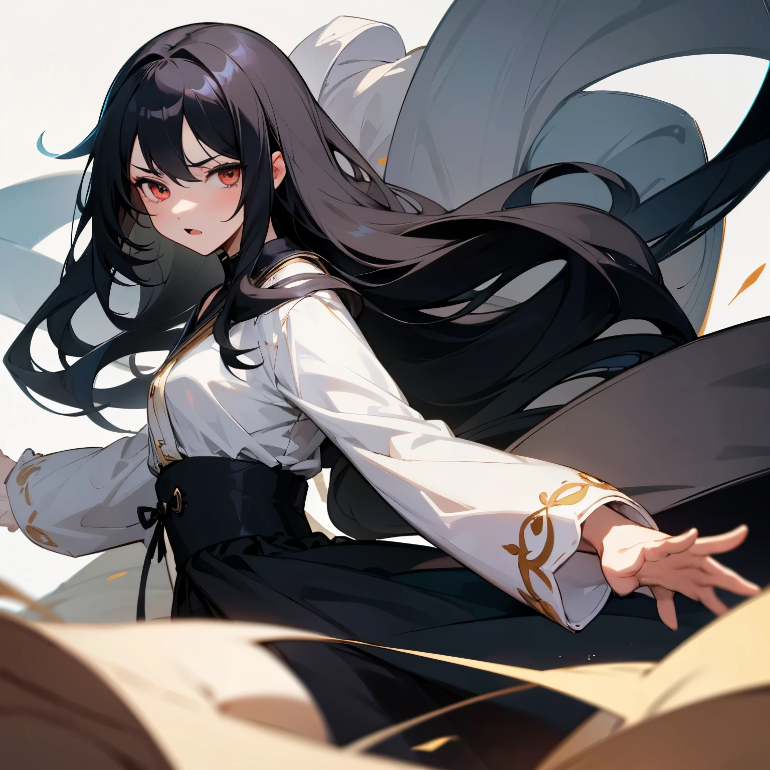 Anime style image of a girl with long black hair, eyes black, mandrake clothes. Singing a song with a mocking face looking at the spectator. White background, cinematic, HD, 4K