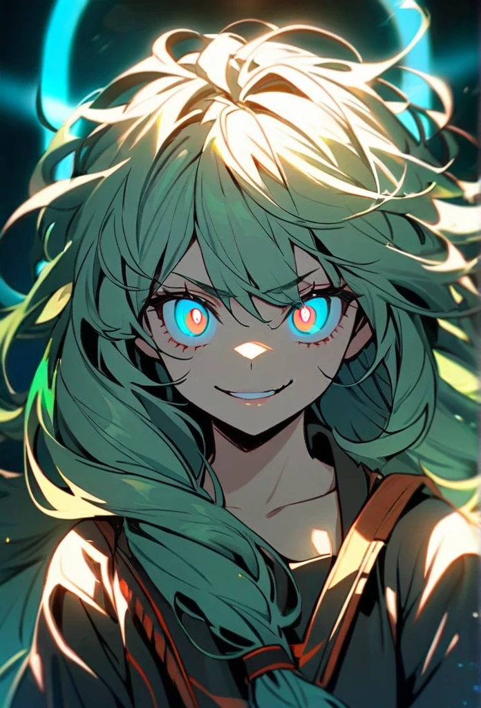 Handsome, solo, 1 girl, light green hair, cyan blue eyes, 1 girl, beautiful, long hair, detailed, Messy Hair, Hair Over Shoulder, Glowing Light, Bright Pupils, Smirk, Wide-Eyed, Evil Smile, Amber Eyes,