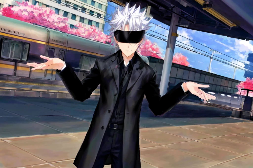 anime character in black suit standing in front of a train, inspired by gojo satorou, he wears an blind folded, black blindfolded, he has dark silver hairs, wearing an blind folded, handsome anime pose, live2d, gojo satoru. Fake smile.