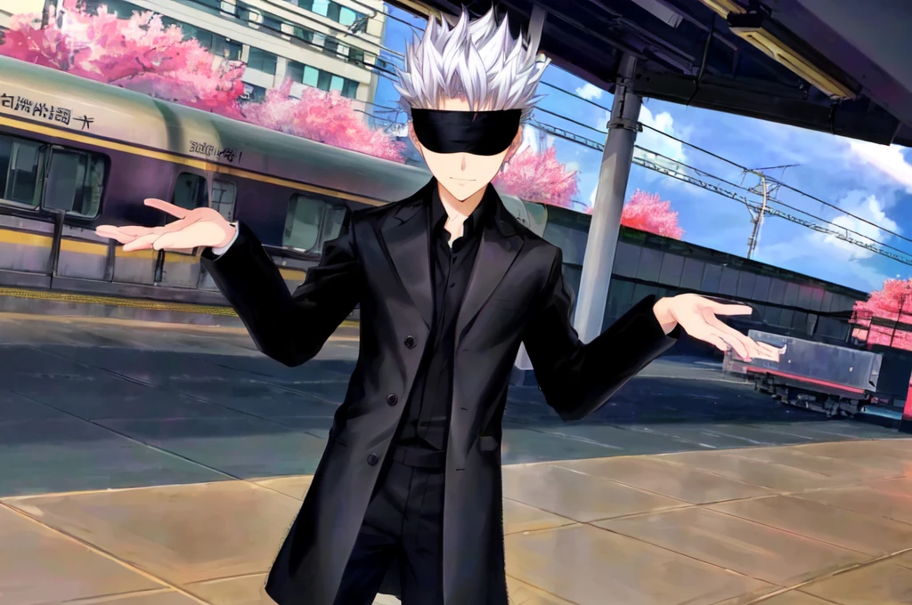 anime character in black suit standing in front of a train, inspired by gojo satorou, he wears an blind folded, black blindfolded, he has dark silver hairs, wearing an blind folded, handsome anime pose, live2d, gojo satoru. Fake smile.