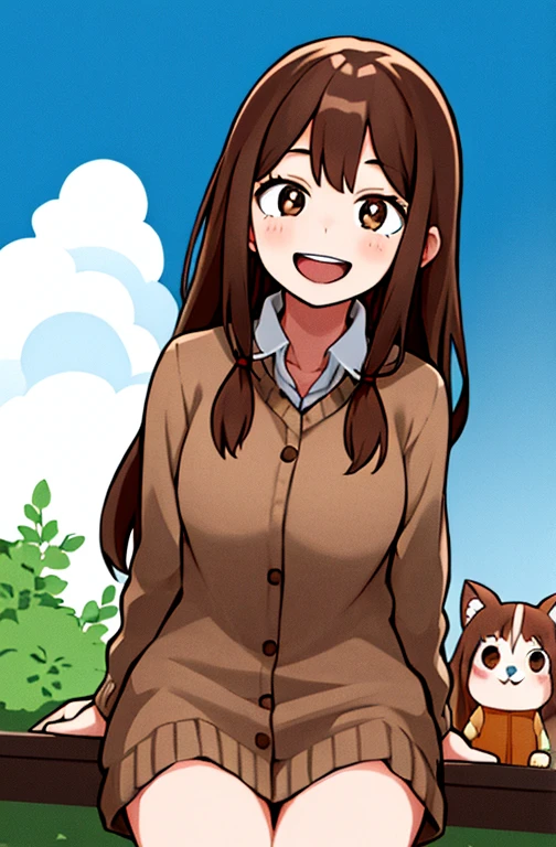 Horikoshi Kouhei, 1 girl, brown hair, brown eyes, cute eyes,long hair, happy.