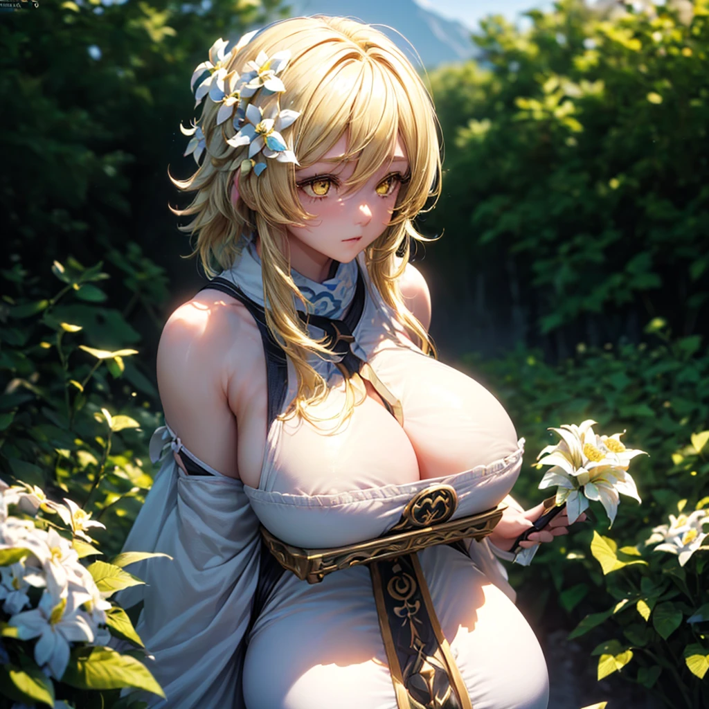 Lumine, genshin impact, (blonde, Short messy hair, white flower hair jewelry, detailed yellow eyes:1.4), (best quality,4k,8k,highres,masterpiece:1.2), ultra-detailed, (realistic,photorealistic,photo-realistic:1.37), illustration, vivid colors, studio lighting,physically-based rendering, cynical lighting effect, sexy pose, potrait, (ultra-detailed eyes:1.4), outdoor, mountain, sky, temple, shy, (upper body, gigantic breasts:1.8), (look at viewers:1.2)