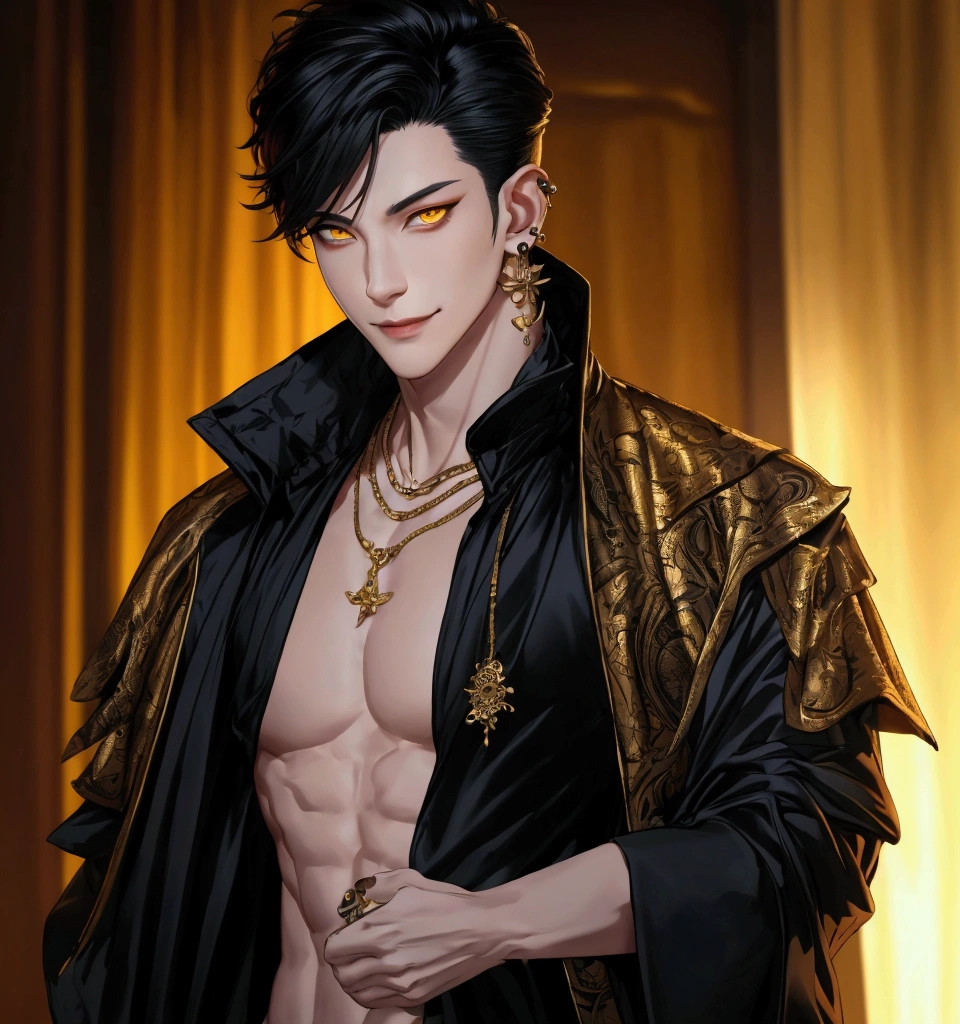 masterpiece, muito detalhado,most absurd, Feines Detail, HDR,
nice FH_tao, alone, Viewers look at, smile, chemise, black hair, 1 boy, hair between the eyes, jewellery, jacket, yellow eyes, upper Body, male focus, ear rings, 项链, ear piercing ,male FH_face, fit FH_Body, showing sixpack