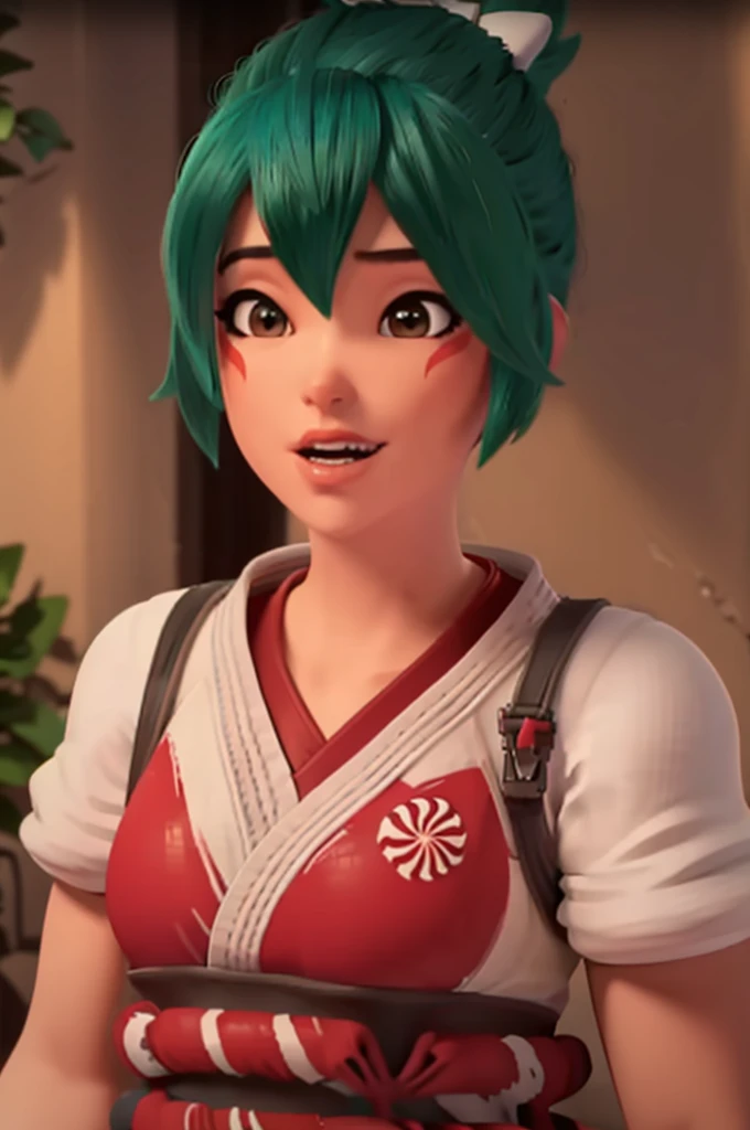 realistic, realism, photorealism, photo-realistic, high contrast, (photorealistic:1.4), 8k high definition detailed realistic, (best quality, masterpiece:1.2), NSFW, photon mapping, radiosity, physically-based rendering, best quality, highly detailed, 1girl, (owkiriko), kiriko \(overwatch\), green hair, red headwear, (red leggings), standing, street, outside, sneakers, dougi, upper body,