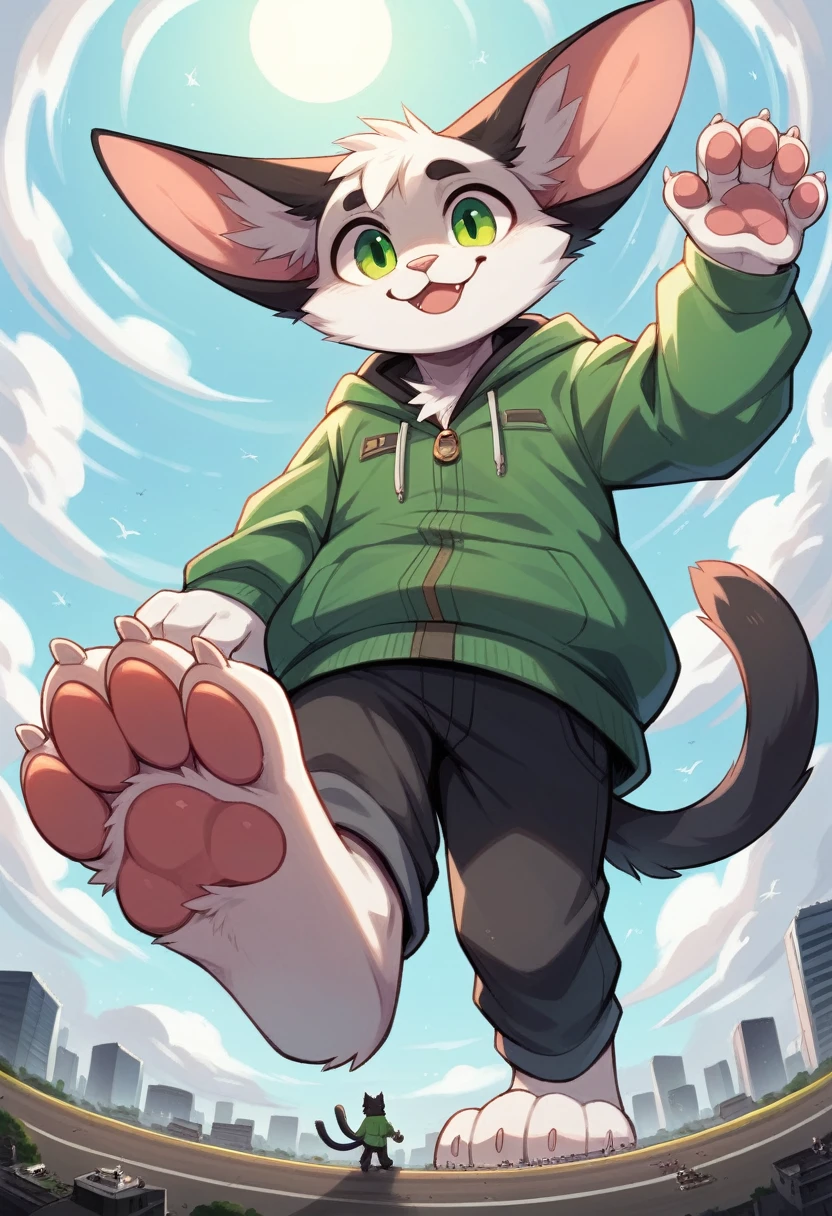 anthro, cat, white fur, green eyes, green jacket, big ears, black tail tip, furry, looking down, Viewers look at, Viewer looks up, smiling, above standing, Macro, Fußfocus, alone, good lighting, Focus on feet, raised foot, Focus on the bottom of the foot, fluffy, furry paws, Paw pads, schwarze Paw pads, stomp something, adult