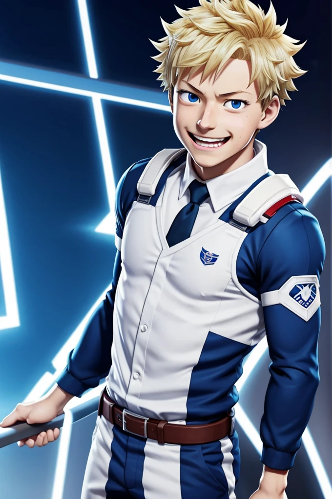 Screenshot my Hero Academia a boy with a happy expression Slim standing pale phosphorescent blue eyes short hair looks at you sexy and very handsome with a background the school class of my Hero Academia with the ua uniform