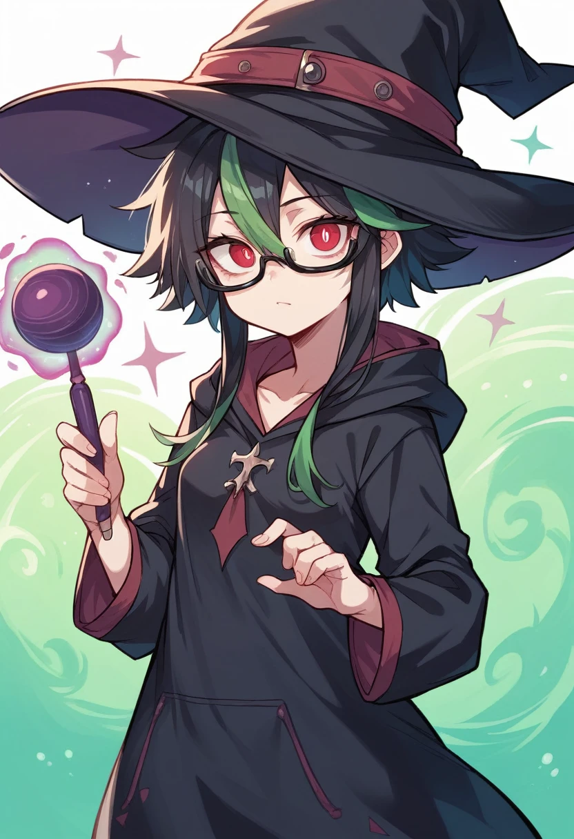 best quality, masterpiece, super high resolution, perfect anatomy, 1girl, black hair, green highlights, short hair with long locks, gradient_hair, messy hair, hair between eyes, sidelocks, black eyes, demon eyes, red pupils, small breasts, black hoodie, witch hat, pantyhose, glasses, black eyewear, 23 years old, absurdres, magic wand, magic, psychedelic