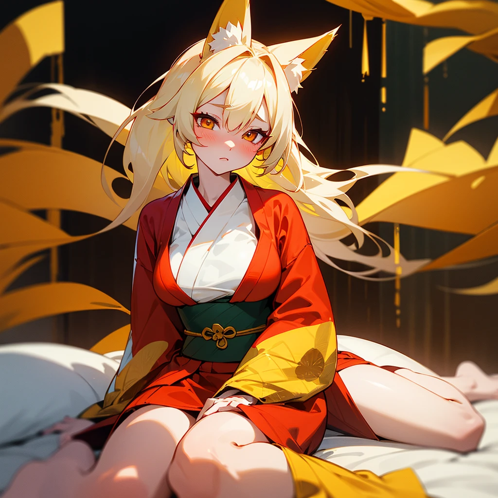 a woman with a half-human, half-kitsune body with eyes on one side red and on the other yellow, has medium breasts and a red kimono with yellow flowers, expression blushing in a house, sitting on an anime-style pillow