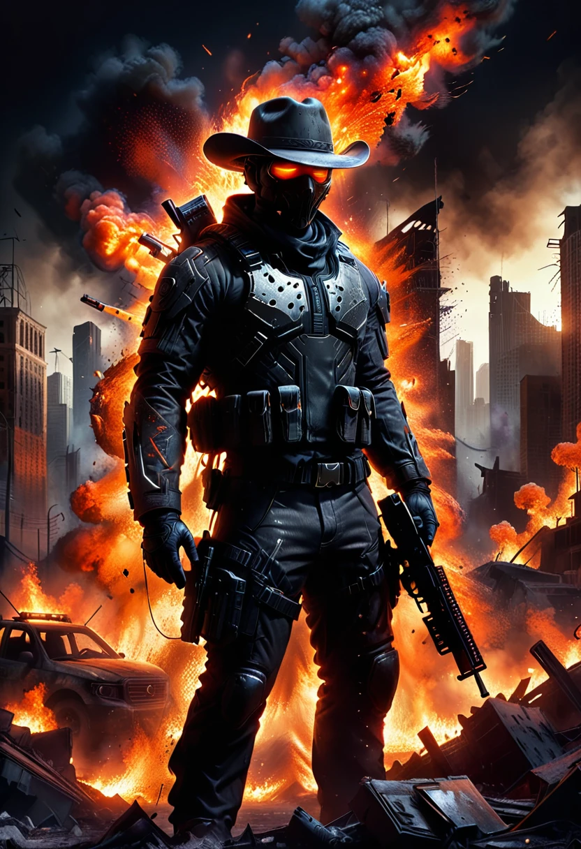 STAR15 Mod, (masterpiece), (Best quality), (ultra detailed), (best illustration),(best shadow), I look at the viewer, cowboy shot, fiery destroyed city background, tactical equipment, tactical bags, (mask:0.8), tactical armor, Assault rifle, gun in holster, (To frown:1.3)