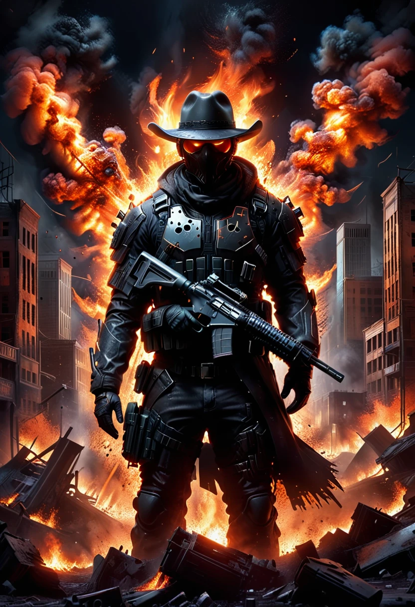 STAR15 Mod, (masterpiece), (Best quality), (ultra detailed), (best illustration),(best shadow), I look at the viewer, cowboy shot, fiery destroyed city background, tactical equipment, tactical bags, (mask:0.8), tactical armor, Assault rifle, gun in holster, (To frown:1.3)