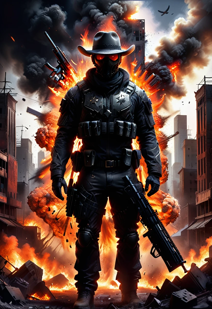 STAR15 Mod, (masterpiece), (Best quality), (ultra detailed), (best illustration),(best shadow), I look at the viewer, cowboy shot, fiery destroyed city background, tactical equipment, tactical bags, (mask:0.8), tactical armor, Assault rifle, gun in holster, (To frown:1.3)