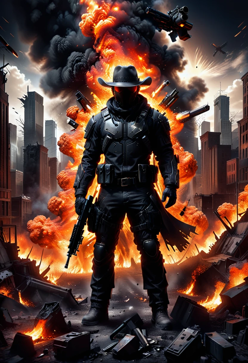 STAR15 Mod, (masterpiece), (Best quality), (ultra detailed), (best illustration),(best shadow), I look at the viewer, cowboy shot, fiery destroyed city background, tactical equipment, tactical bags, (mask:0.8), tactical armor, Assault rifle, gun in holster, (To frown:1.3)