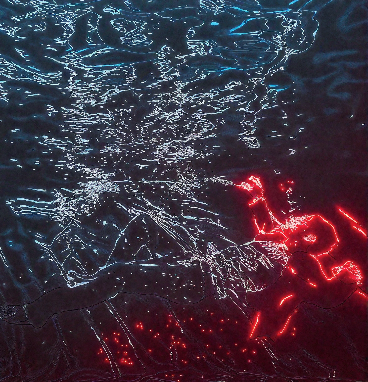 Man in the sea, the sea is shining with red and neon blue colors, it's dark and night. The man plunges into despair