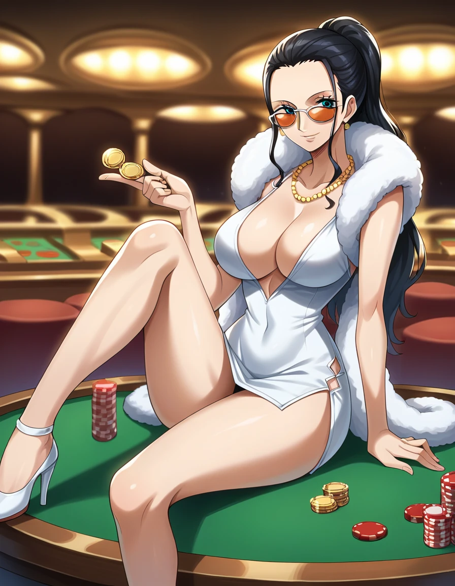 score_9, score_8_up, score_7_up, score_6_up, score_5_up, score_4_up, BREAK, source_anime, 1girl, nico robin wearing a white short dress with a blue feather boa sitting at a poker table inside a casino, nicogold, necklace, sunglasses, black hair, ponytail,
looking at viewer, poker, gold coin, casino, indoors, casino background