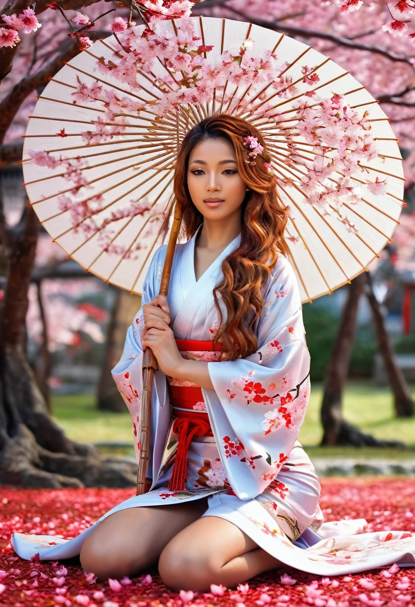Mixed girl, sexy kimono, on the knees, Sakura petals that fall from a sakura tree , Asian umbrella, A beautiful caribean mixed girl, west indies girl, perfect hands and feet, long red wavy hair, Sakura petals, Amawed, best quality,8k,highres,masterpiece:1.2),ultra-detailed,(realistic,photorealistic:1.37),portrait,vivid colors,