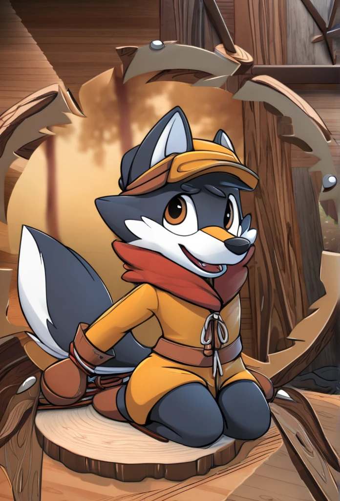 A toony fursuit wolf in adventurer outfit with hat, which one is tied with ropes on an tree trunk and getting cut in halves from an large circular sawblade in an sawmill