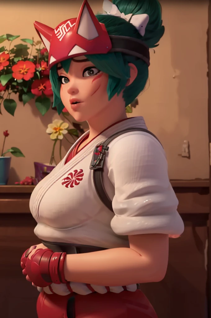 (Morbidly obese) realistic, realism, photorealism, photo-realistic, high contrast, (photorealistic:1.4), 8k high definition detailed realistic, (best quality, masterpiece:1.2), NSFW, photon mapping, radiosity, physically-based rendering, best quality, highly detailed, 1girl, (owkiriko), kiriko \(overwatch\), green hair, red headwear, (red leggings), standing, street, outside, sneakers, dougi, upper body,