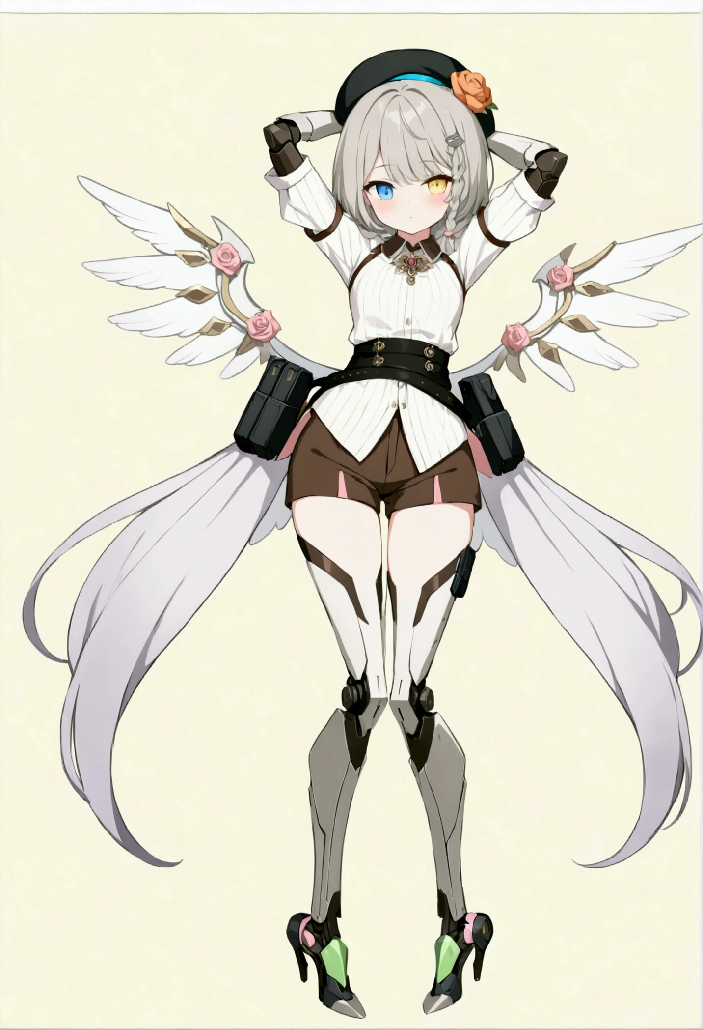 woman 165cm tall, (whole body: 1.5), slim build, , charming look, ((heterocromia: ojo right naranja y ojo izquierdo violeta)), (Shoulder Length Wavy Gray Hair, medium braid on the left side of the hair: 1.2, big open bangs, largo flequillo en el lado izquierdo y right del cabello sobre las mejillas , golden gear hairpin on the left side of the hair: 1.1), (((complex mechanical legs up to the hip, The legs are black with gray parts and small pink details))), (((complex mechanical arms up to the elbows, The arms are black with gray parts and small pink details))), ((a pair of complex white mechanical angel wings with pastel green parts)), (elegant black French beret, orange rose ribbon on the beret: 1.2), (stylish white short sleeve button down shirt, dark brown shorts with straps from the waist, elegant black belt, small rose brooch on shirt collar, beautiful mechanical stilettos), (((full body character design sheet: vista 3/4))), ((Pastel yellow background)), extremely detailed hair, beautiful detailed clothing, extremely detailed arms, extremely detailed face, (Extremely detailed hands), perfect hands, beautiful detailed eyes, beautiful detailed lips, adorable, extremely detailed legs, (Best Quality, 8k, ultra resolution), ultra detailed, Exquisite and epic character art, (Focus on symmetry), (extremely detailed wings), (body position: standing, right, symmetrical), looking at the viewer, small face.