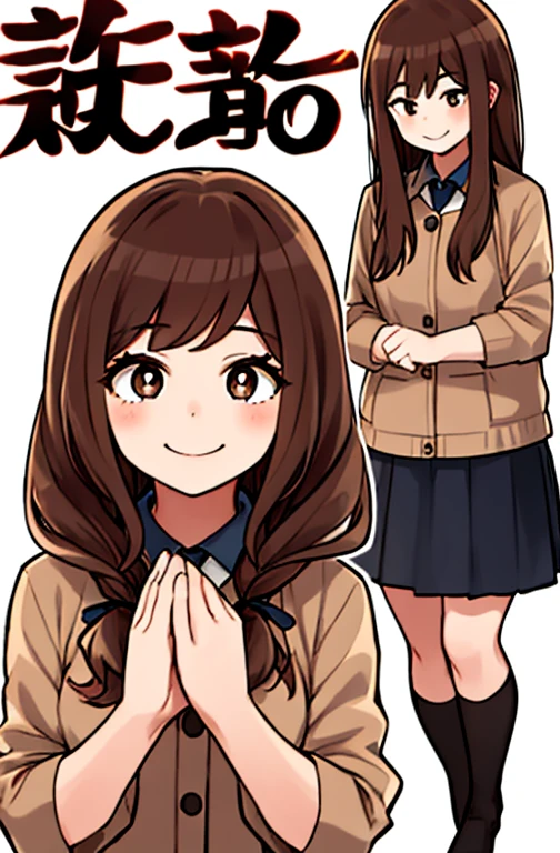 Horikoshi Kouhei, 1 girl, brown hair, brown eyes, cute eyes,long hair, happy.