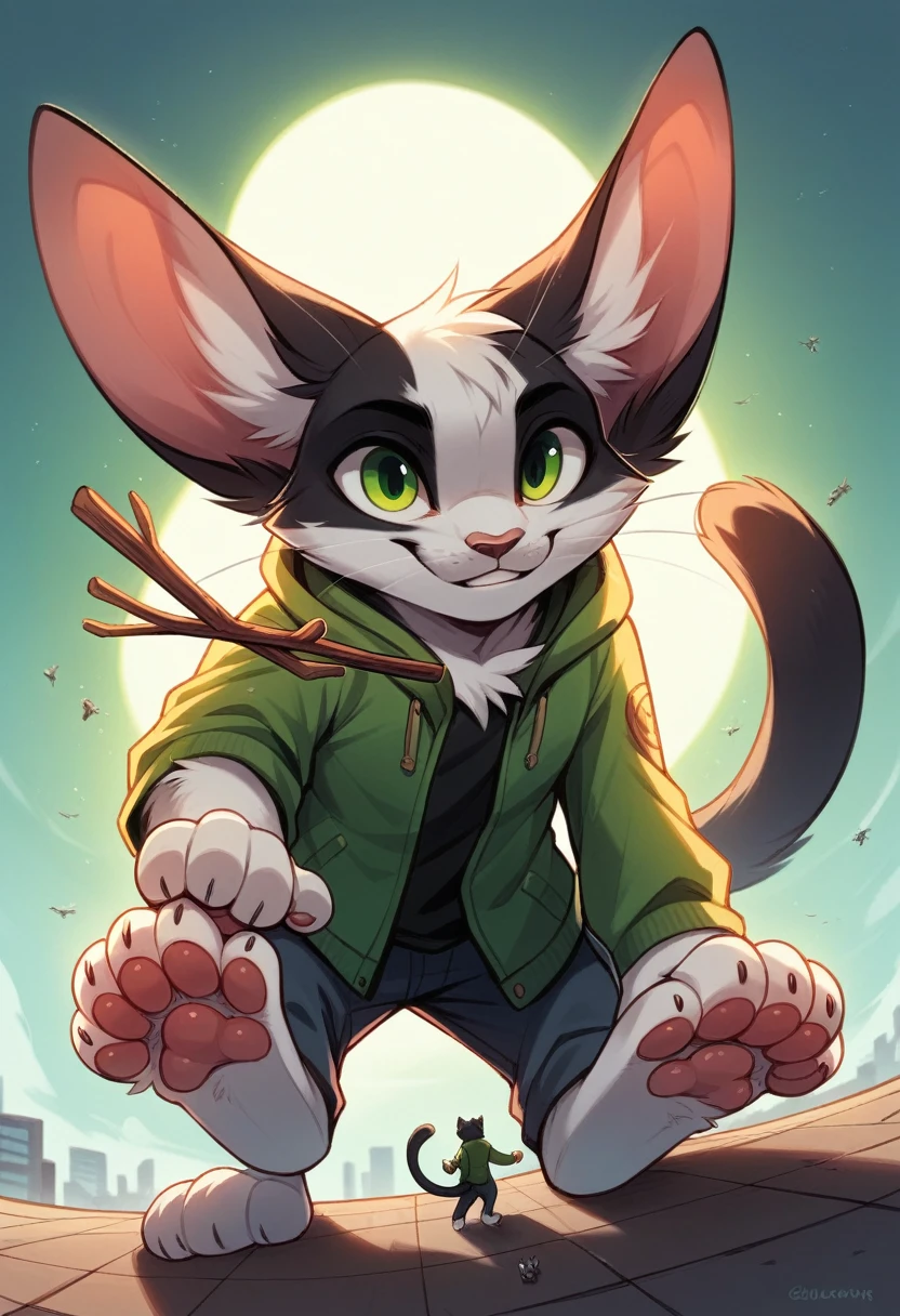 anthro, cat, white fur, green eyes, green jacket, big ears, black tail tip, furry, looking down, Viewers look at, Viewer looks up, smiling, above standing, Macro, Fußfocus, alone, good lighting, Focus on feet, raised foot, Focus on the bottom of the foot, fluffy, furry paws, Paw pads, schwarze Paw pads, sticks his foot, adult