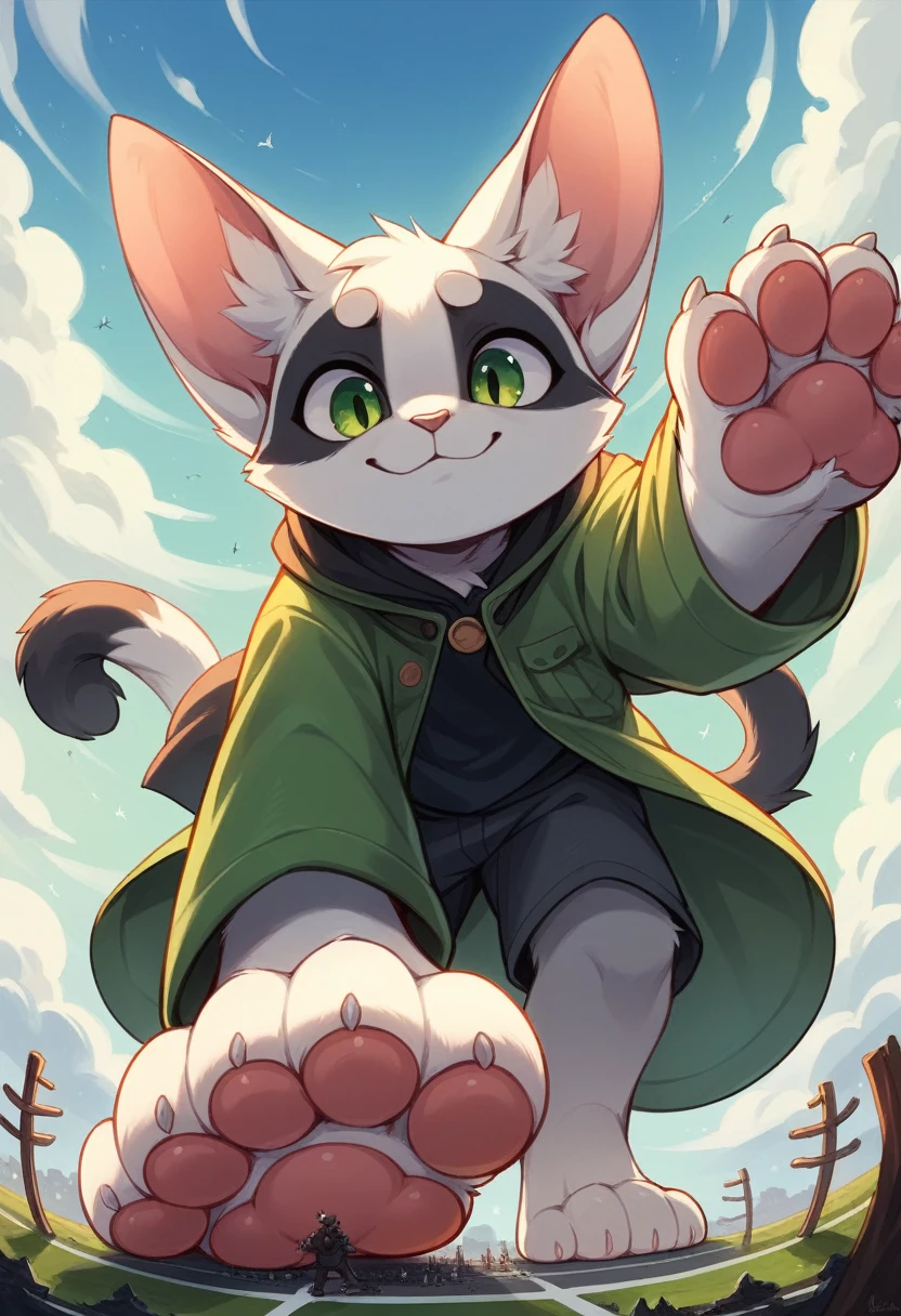 anthro, cat, white fur, green eyes, green jacket, big ears, black tail tip, furry, looking down, Viewers look at, Viewer looks up, smiling, above standing, Macro, Fußfocus, alone, good lighting, Focus on feet, raised foot, Focus on the bottom of the foot, fluffy, furry paws, Paw pads, schwarze Paw pads, sticks his foot, adult